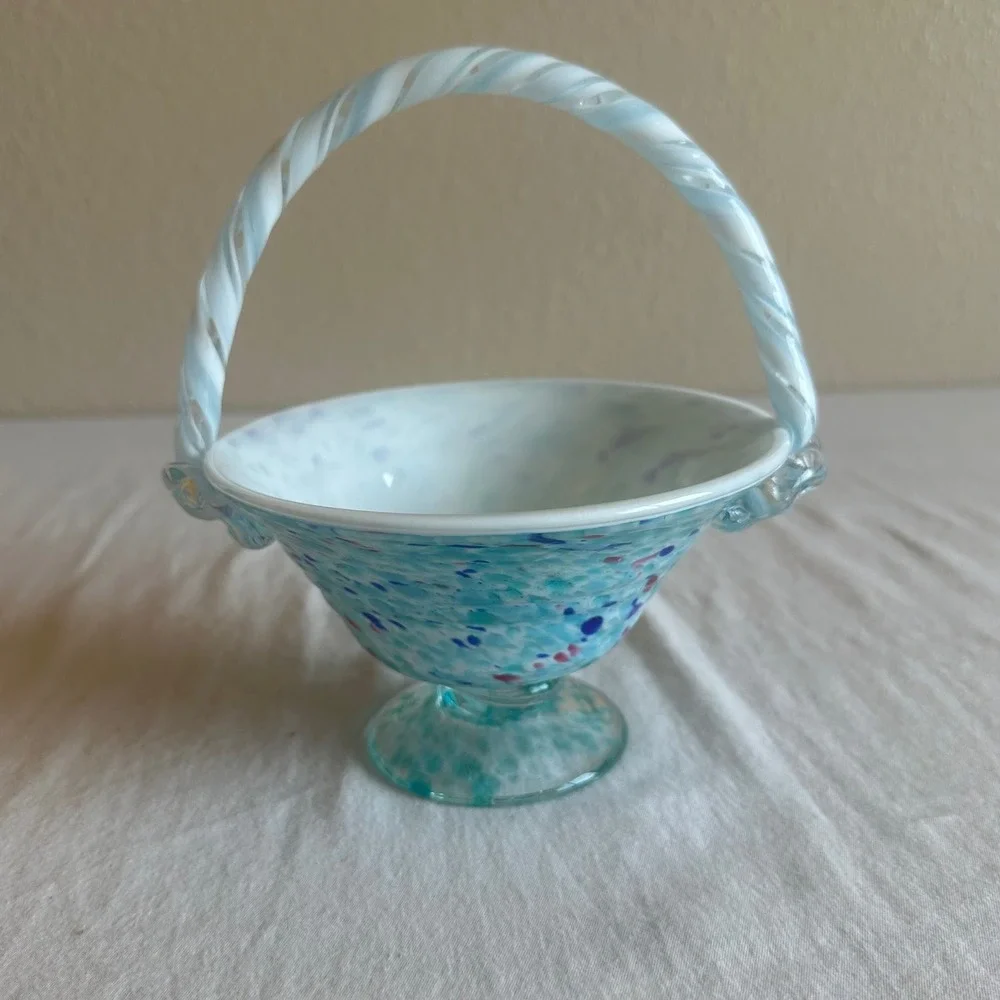 Vintage Blue Confetti Art Glass Basket Twisted Handle Pedestal Hand Blown Bowl